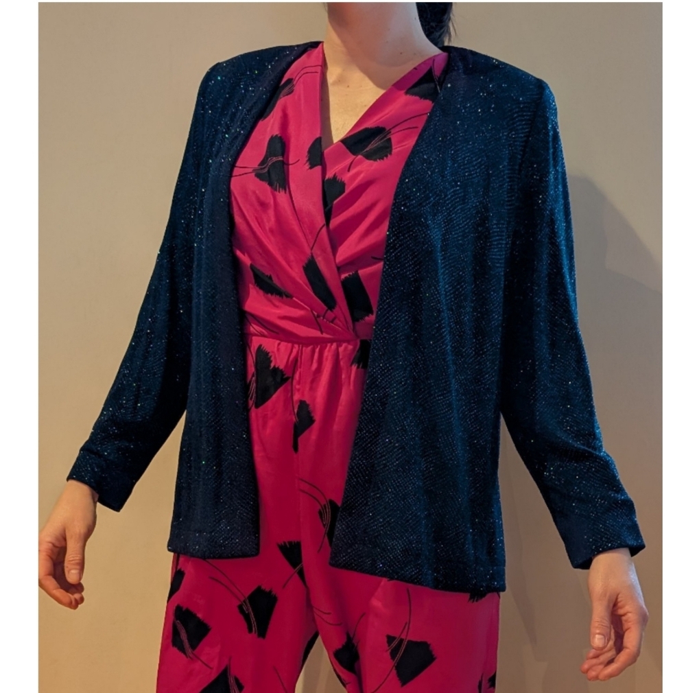 Vintage Alex Evenings Blue Sparkle Glitter Open Front Long Sleeve Jacket 14P